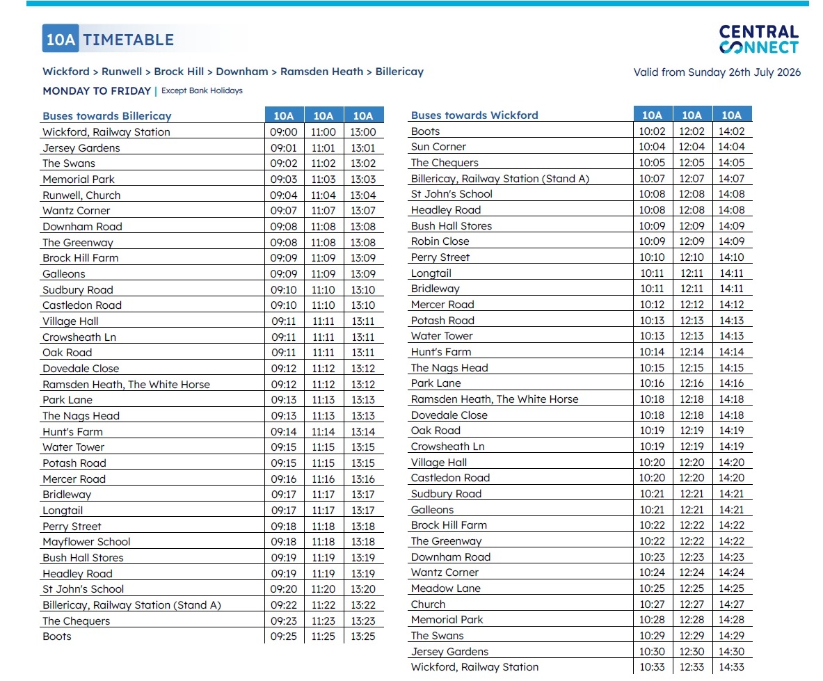 BUS 10A FULL TIMETABLE